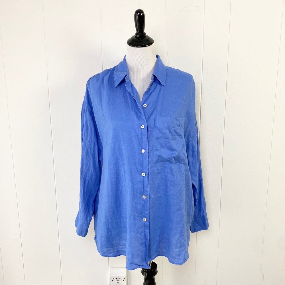 Oysho Cornflower Blue 100% Linen Button Down Tunic Top Shirt Sz Large Coastal